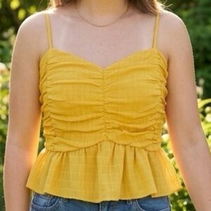SHEIN Mustard Yellow Ruched Smocked Peplum Camisole Boho Crop Top Sz M Like New